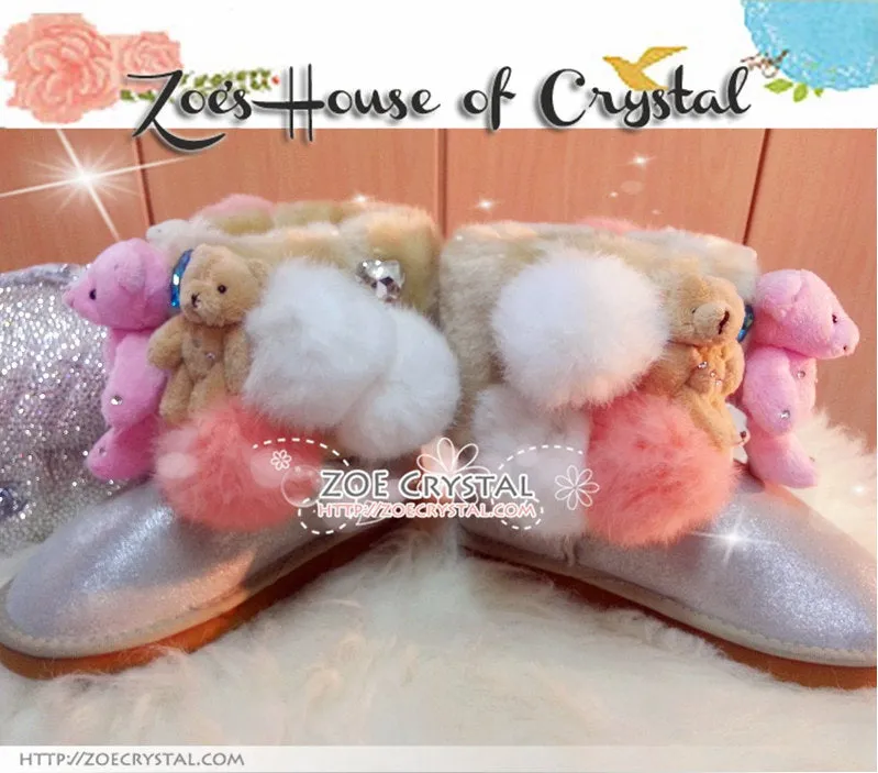 PROMOTION WINTER Bling and Sparkly Short White Metallic SheepSkin Wool BOOTS w Cute Bear Bear