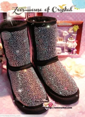 PROMOTION WINTER Bling and Sparkly Strass Black SheepSkin Wool BOOTS w shinning Crystals