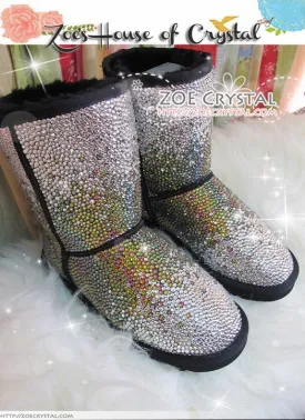 PROMOTION WINTER Bling and Sparkly Strass SheepSkin Wool BOOTS w shinning Czech or Swarovski Rainbow crystal