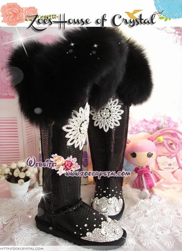 PROMOTION WINTER Queen Style Knee High Bling and Sparkly Black Fur SheepSkin Wool BOOTS