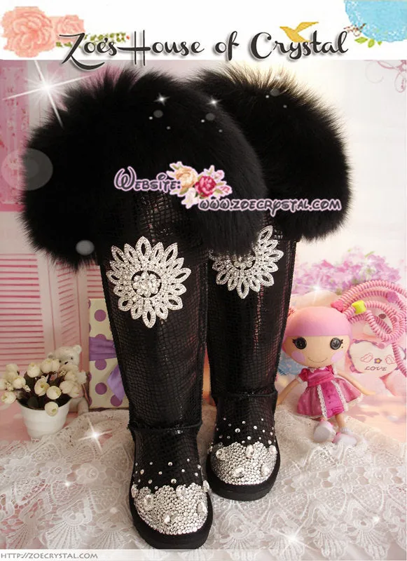 PROMOTION WINTER Queen Style Knee High Bling and Sparkly Black Fur SheepSkin Wool BOOTS