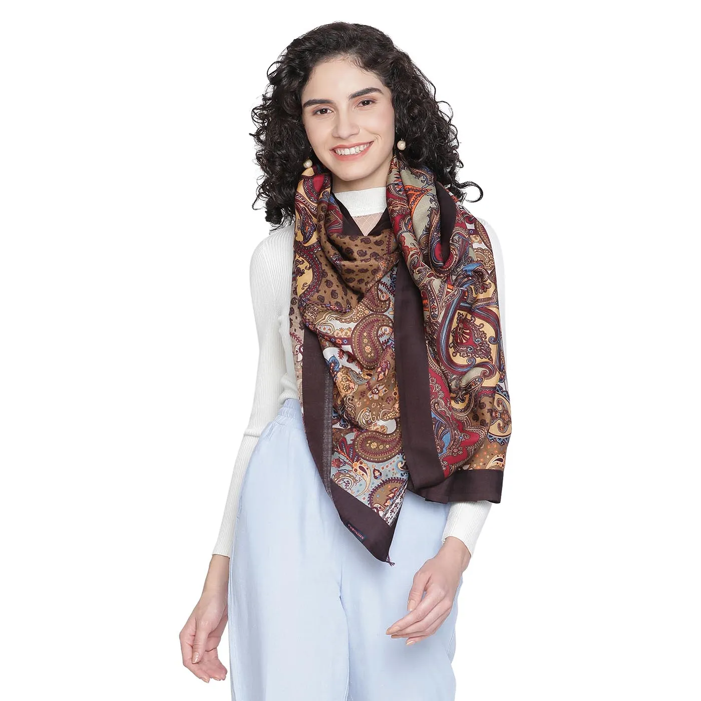 REFLEXTION Wool Silk Brown Printed Stole