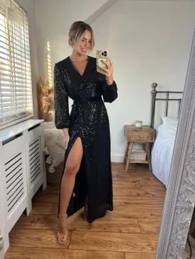 Ria Sequin Wrap Maxi Dress / Black