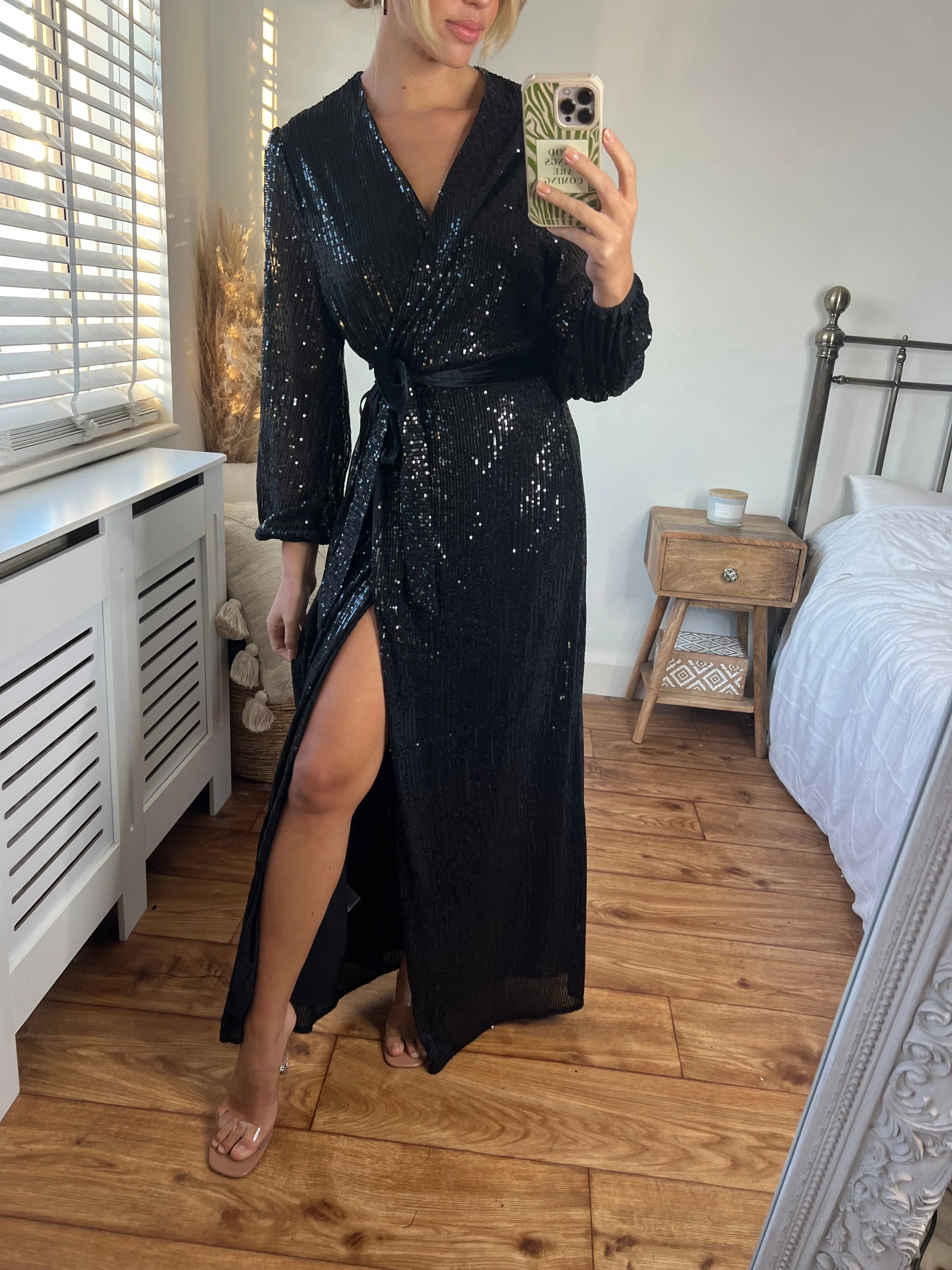 Ria Sequin Wrap Maxi Dress / Black