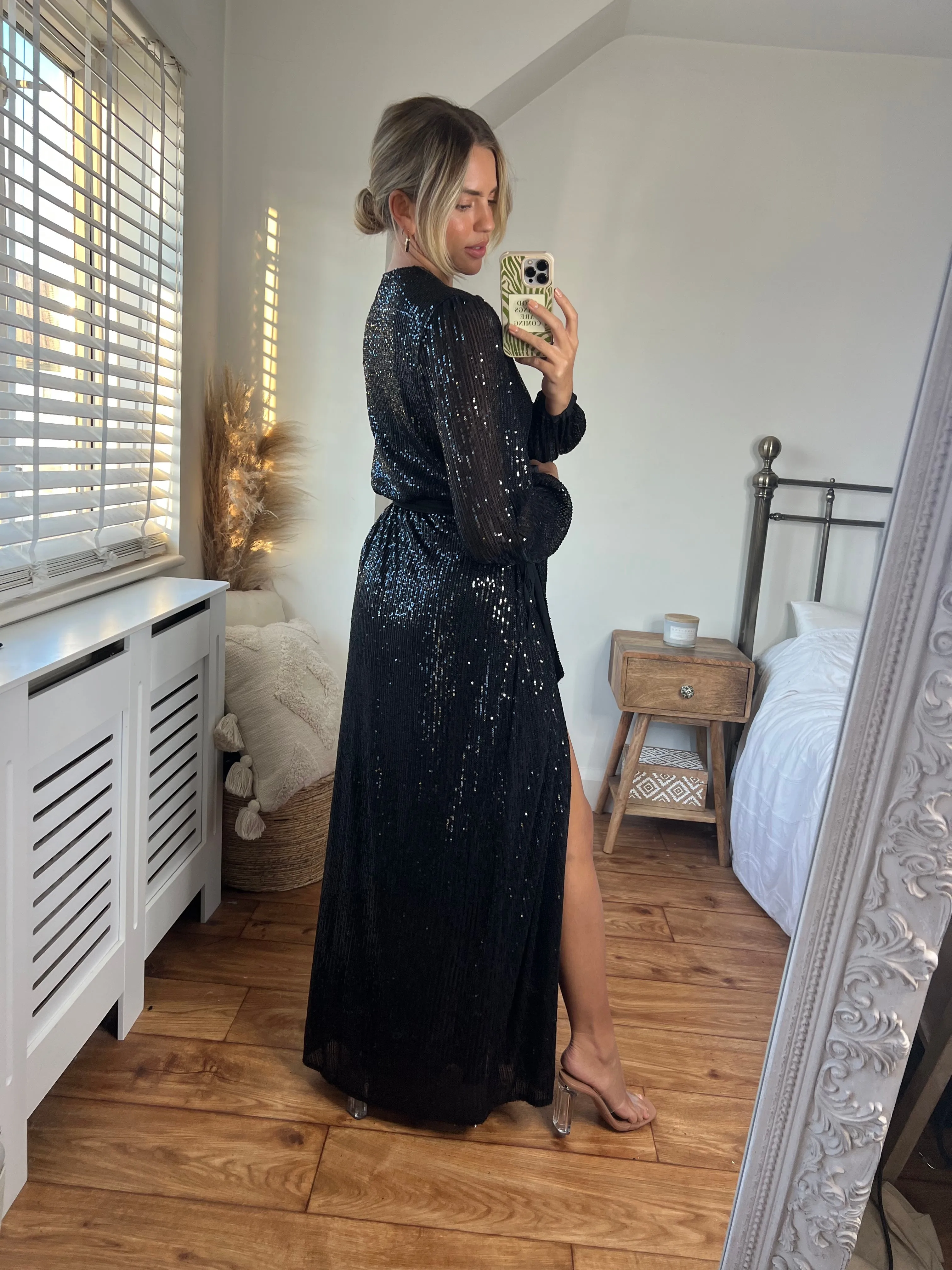 Ria Sequin Wrap Maxi Dress / Black