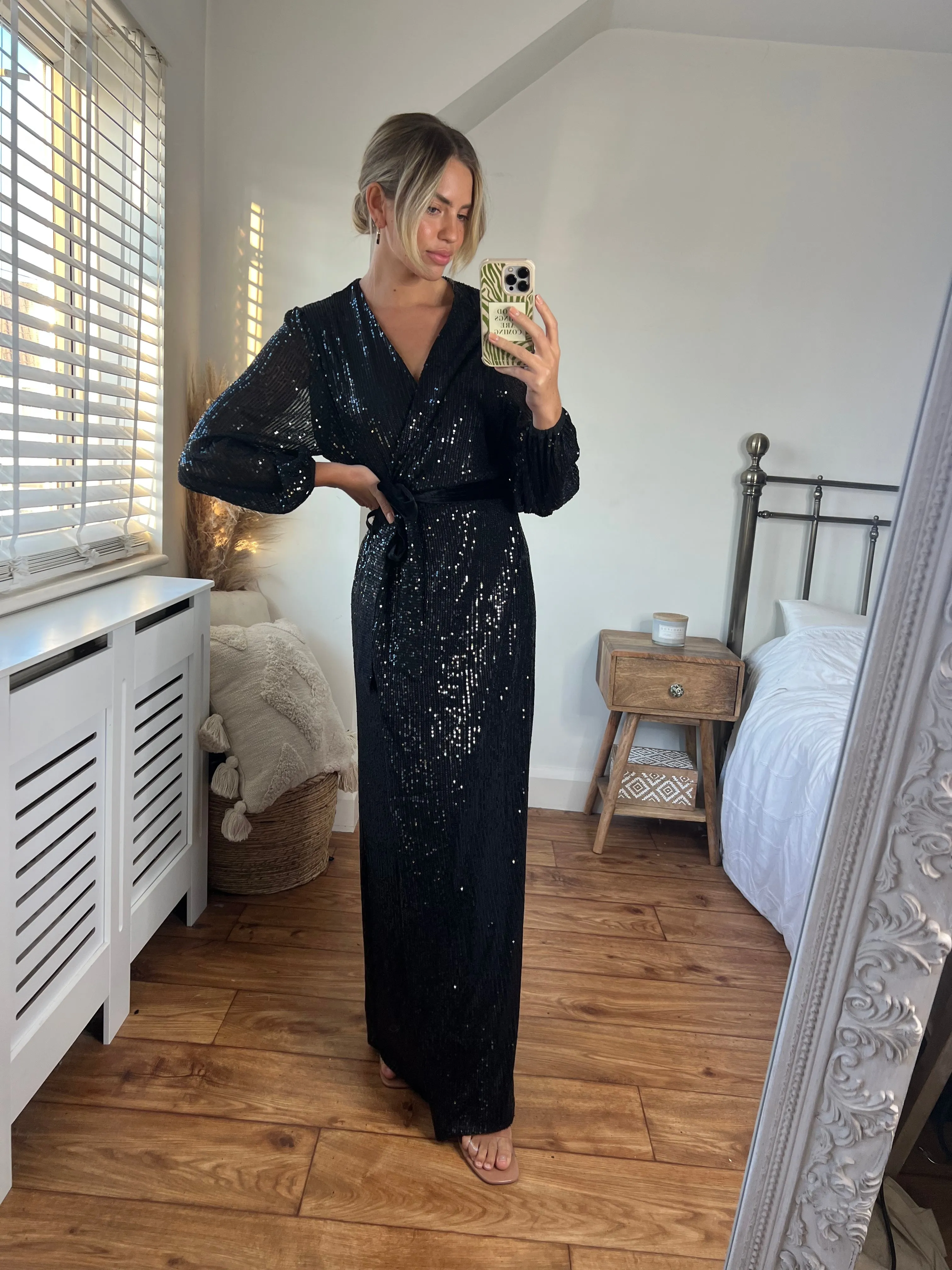 Ria Sequin Wrap Maxi Dress / Black