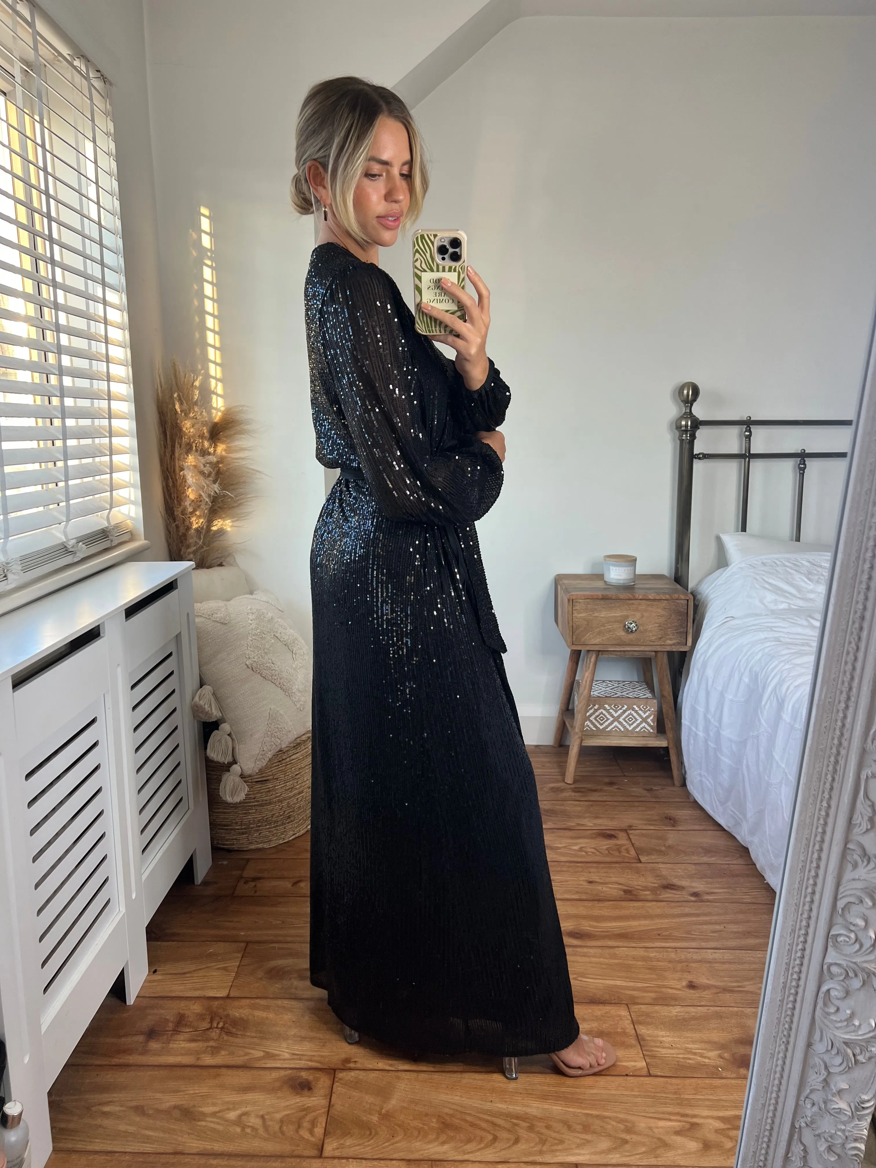 Ria Sequin Wrap Maxi Dress / Black