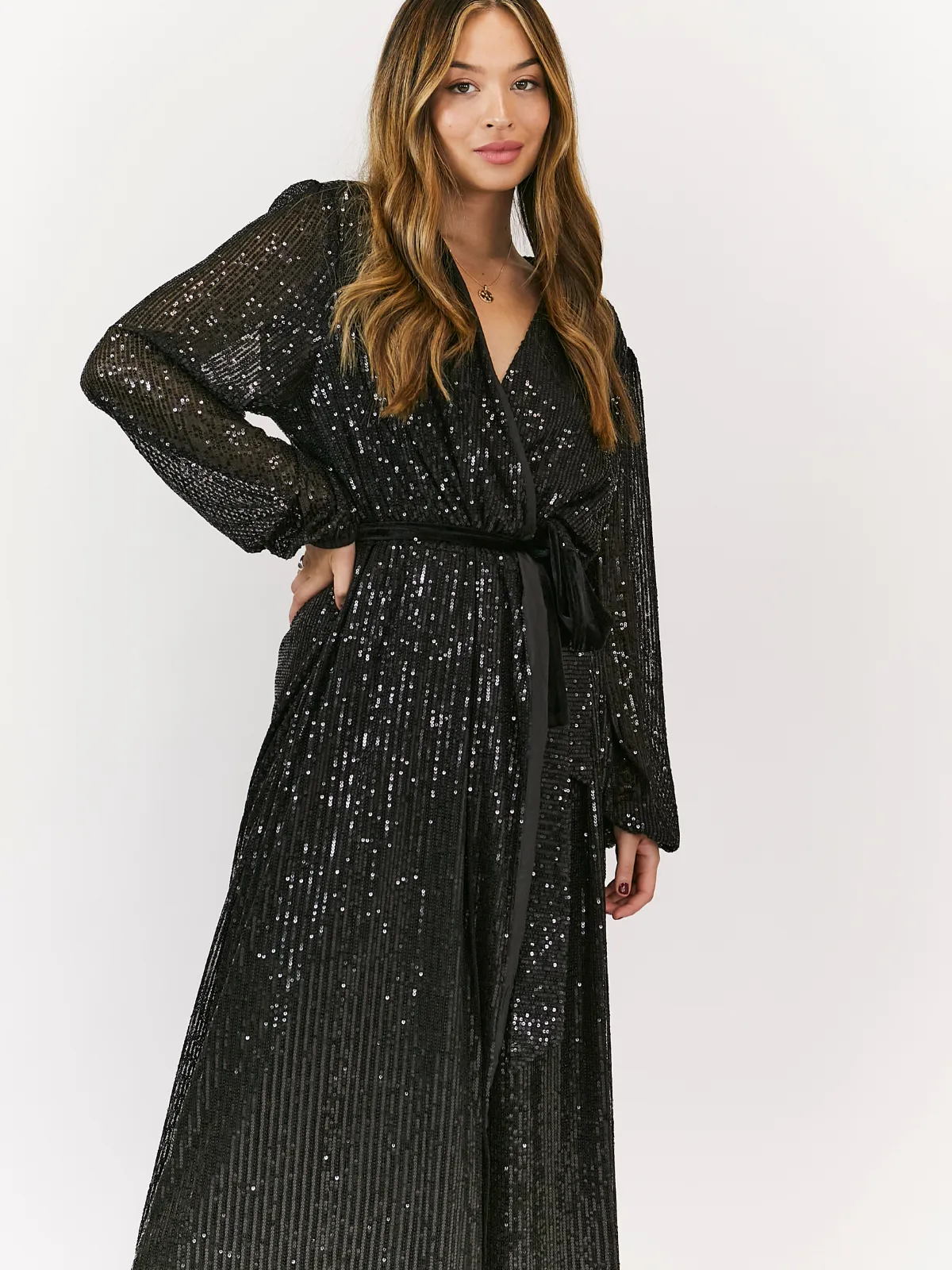 Ria Sequin Wrap Maxi Dress / Black