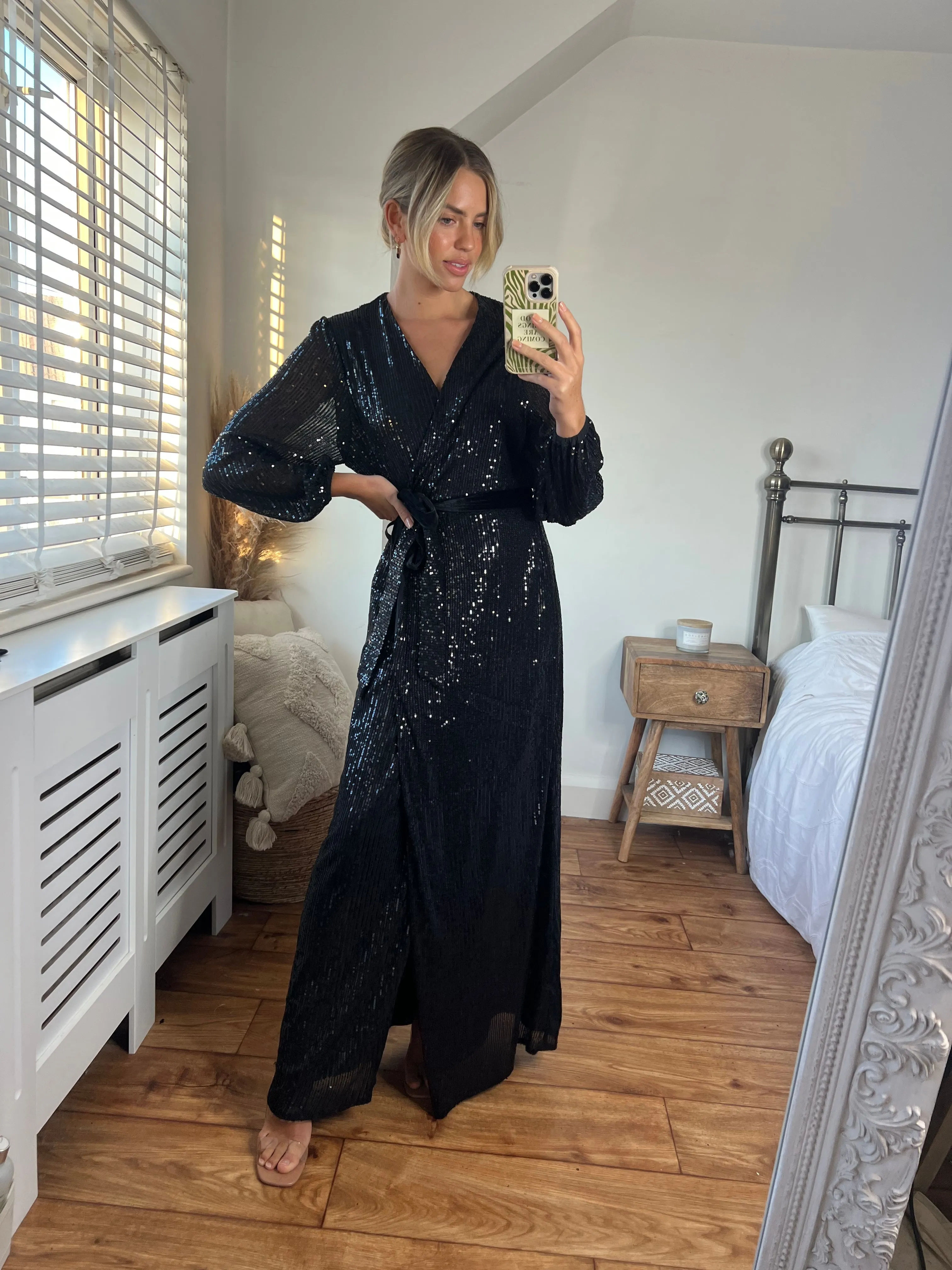 Ria Sequin Wrap Maxi Dress / Black