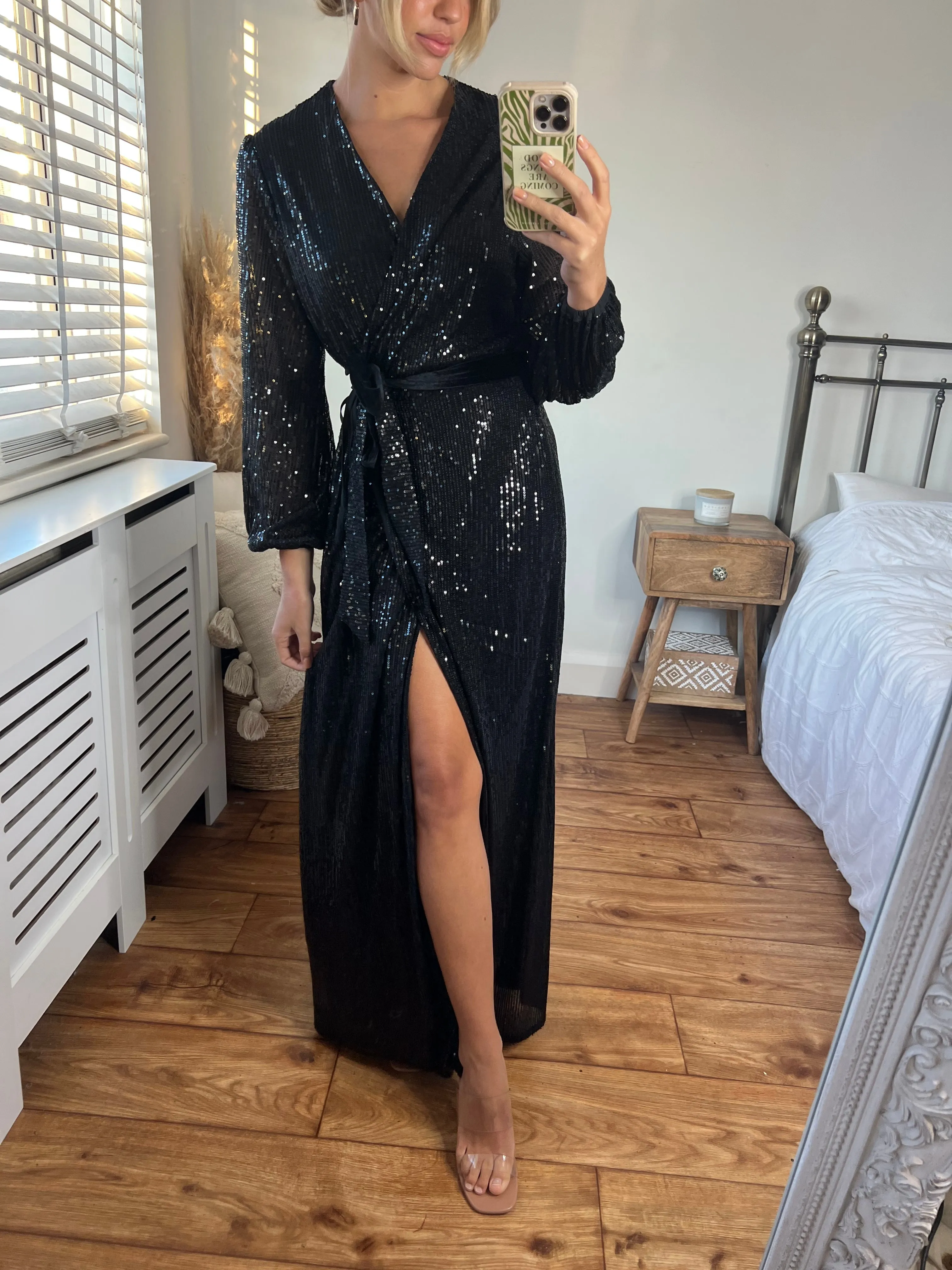 Ria Sequin Wrap Maxi Dress / Black