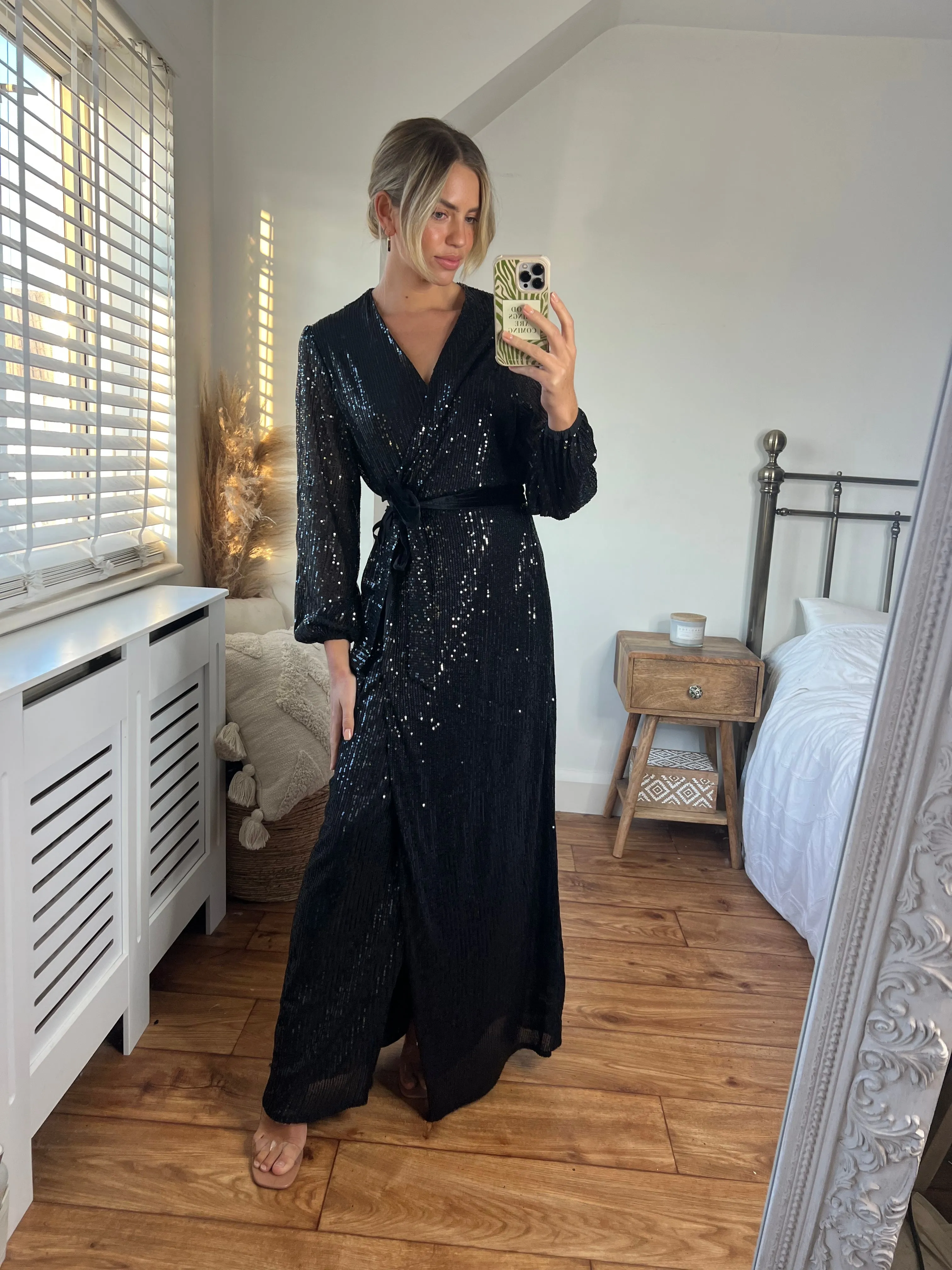 Ria Sequin Wrap Maxi Dress / Black