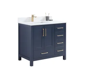 ROSE - 36" Navy Blue, Floor Standing Bathroom Vanity, White Quartz Countertop