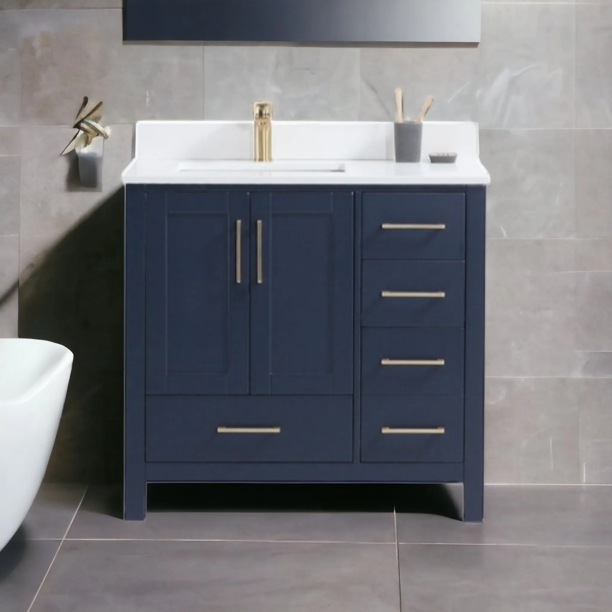 ROSE - 36" Navy Blue, Floor Standing Bathroom Vanity, White Quartz Countertop