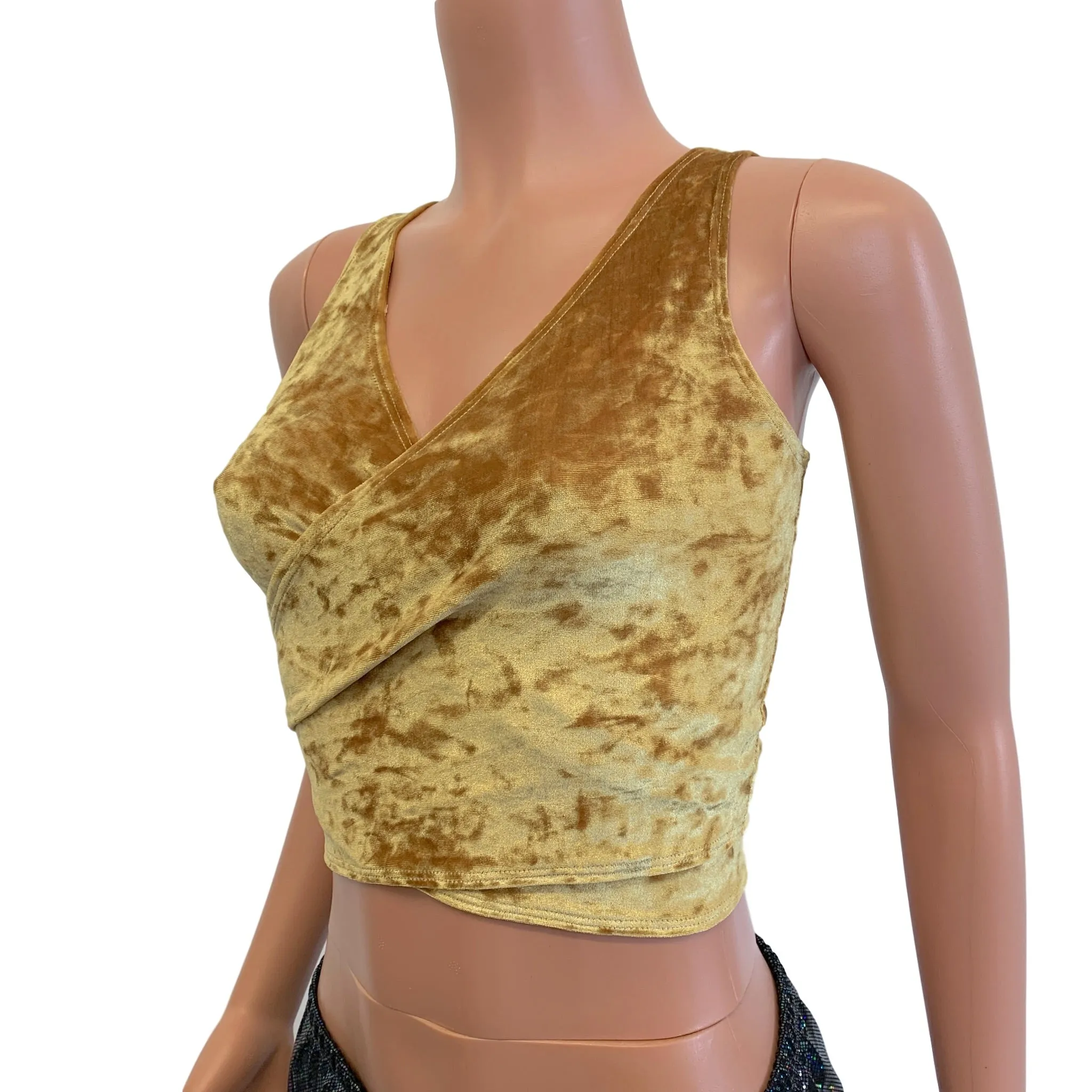 SALE - Sleeveless Crop Wrap Top - Gold Crushed Velvet - SMALL