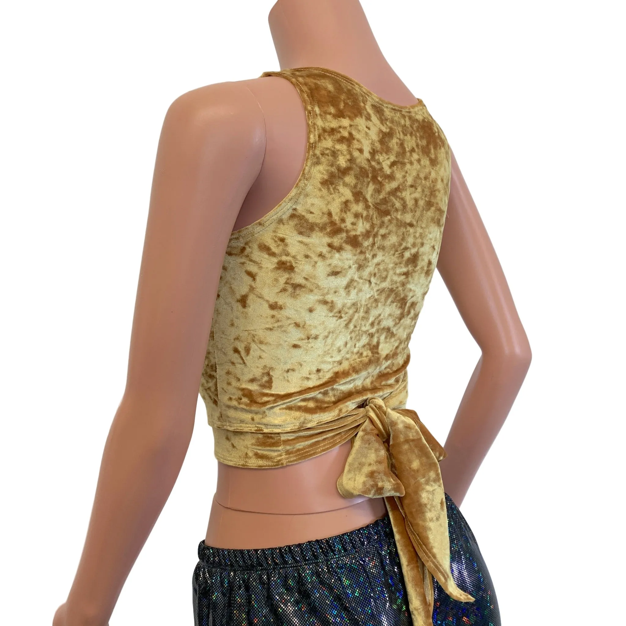 SALE - Sleeveless Crop Wrap Top - Gold Crushed Velvet - SMALL