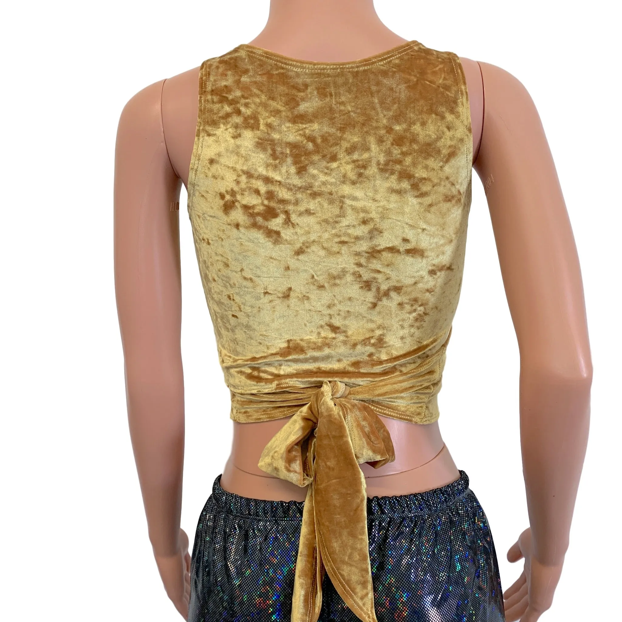 SALE - Sleeveless Crop Wrap Top - Gold Crushed Velvet - SMALL