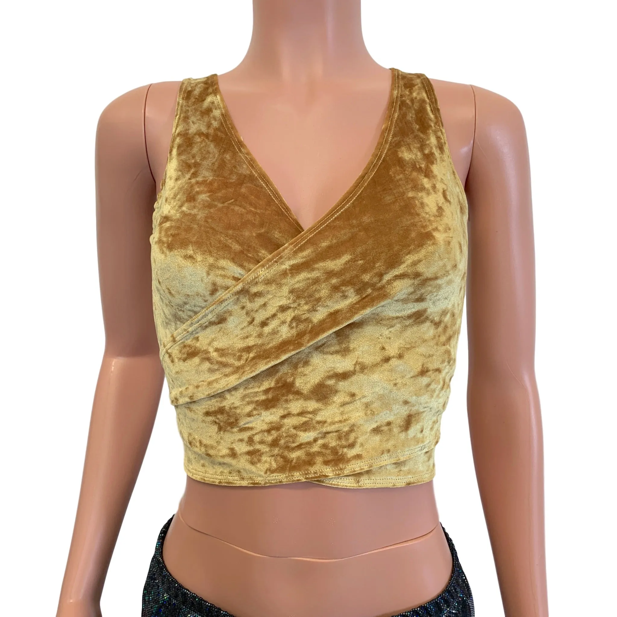 SALE - Sleeveless Crop Wrap Top - Gold Crushed Velvet - SMALL