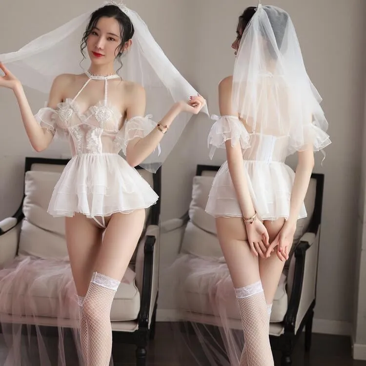 Sexy Bride Wedding Dress Babydoll Lingerie Gauze Temptation Honeymoon Embroidery Ultra Short Sleepwear Cosplay Costume Outfit