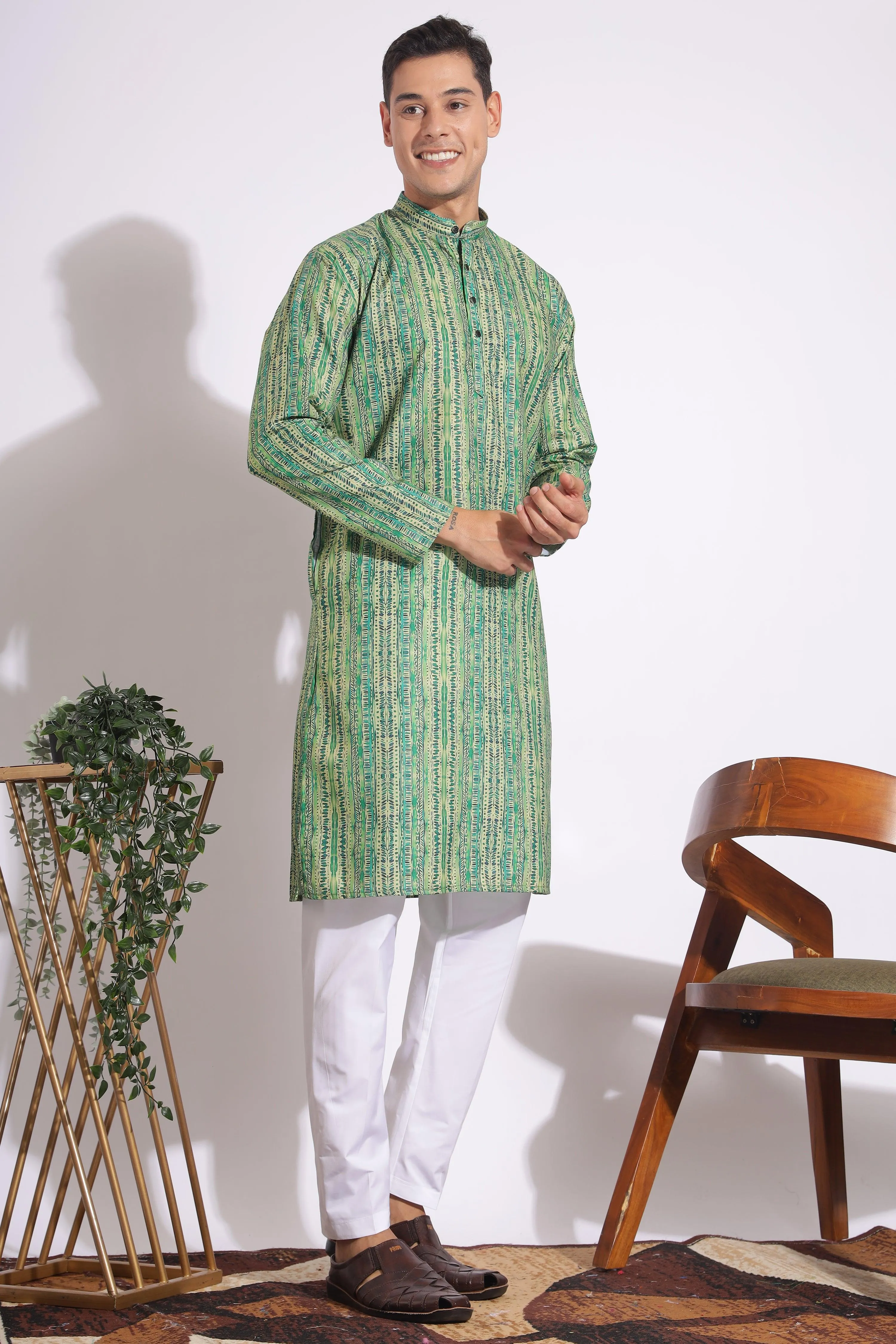 Standard Green Trending Design Print Cotton Kurta