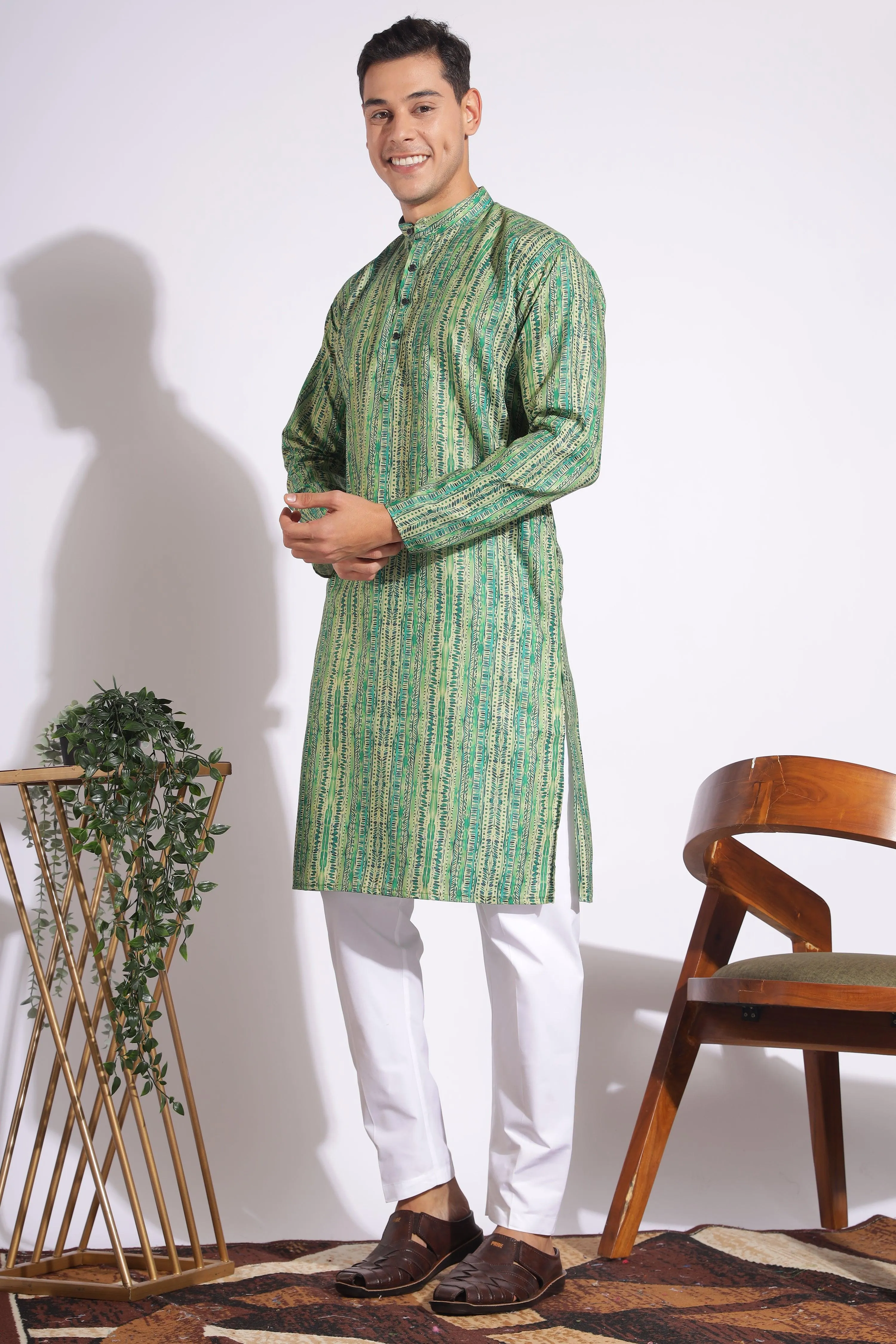 Standard Green Trending Design Print Cotton Kurta