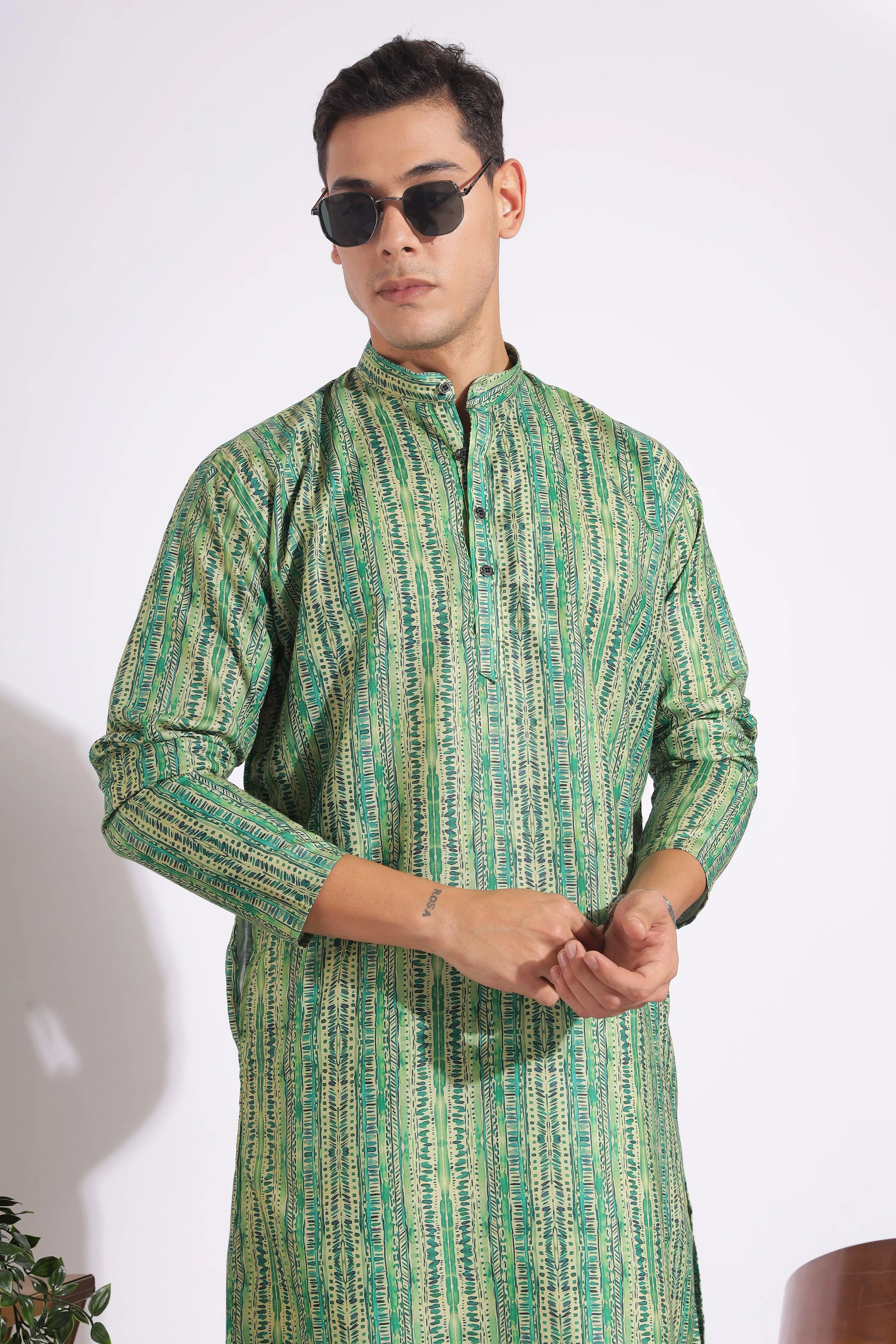 Standard Green Trending Design Print Cotton Kurta