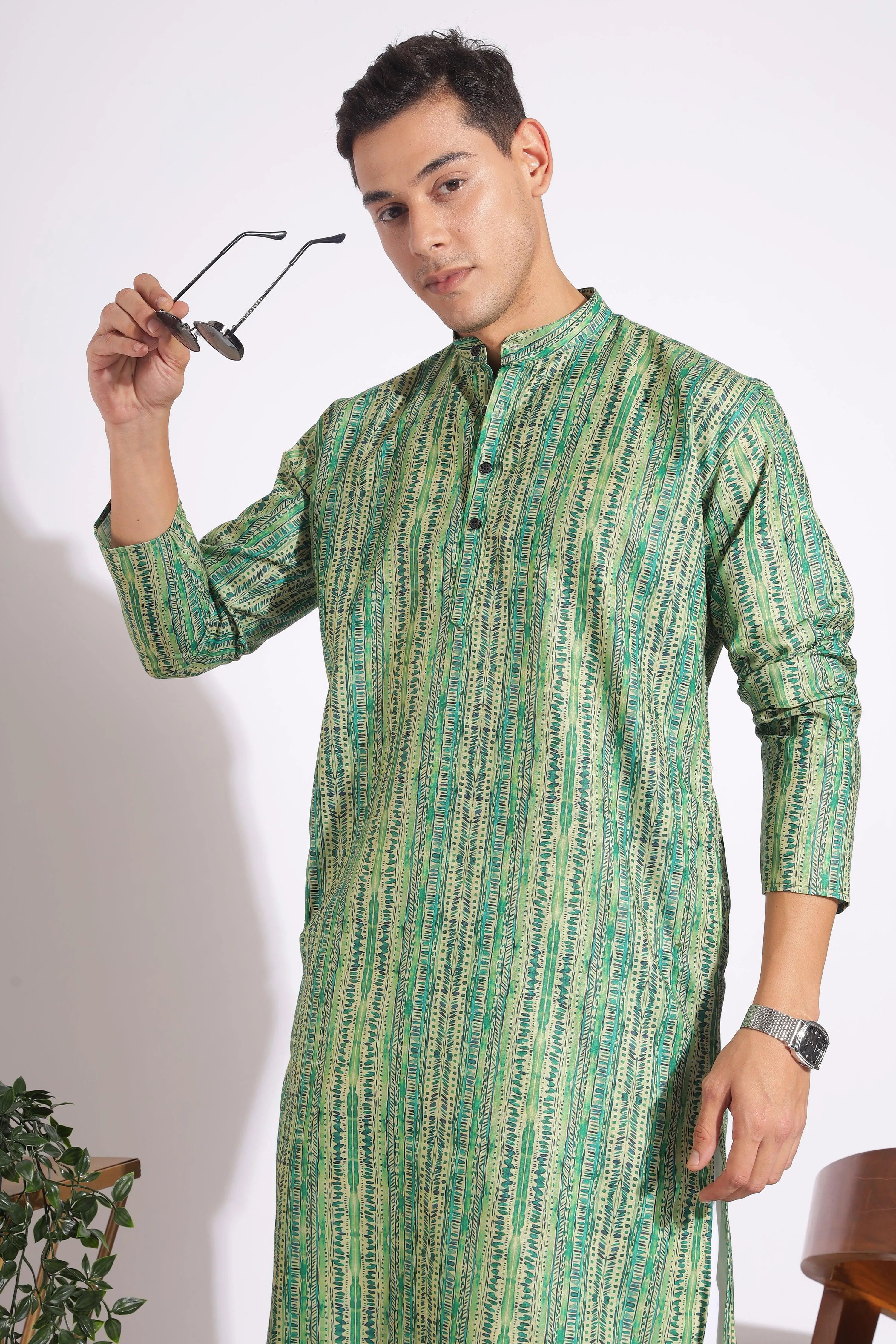 Standard Green Trending Design Print Cotton Kurta