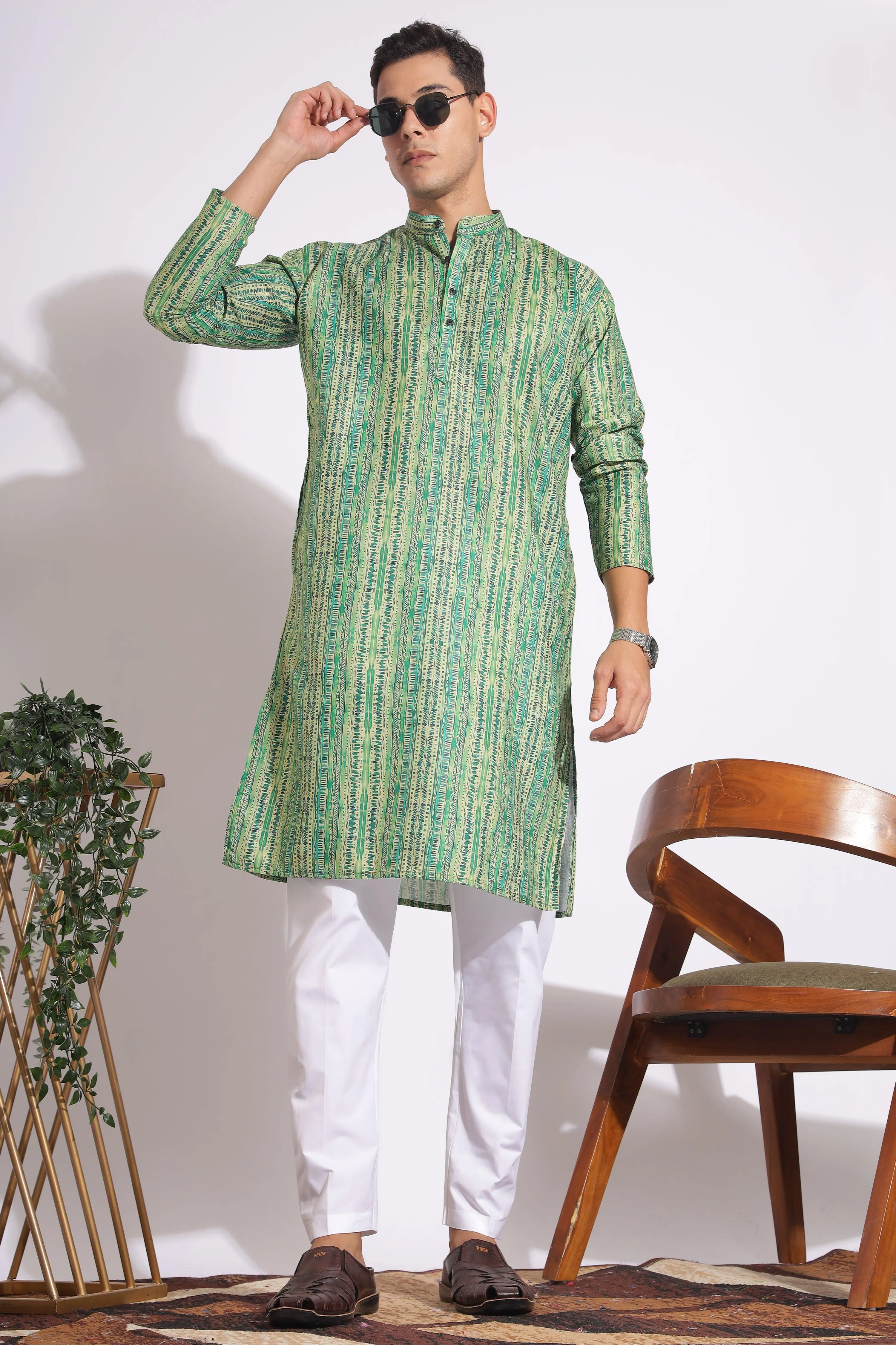 Standard Green Trending Design Print Cotton Kurta