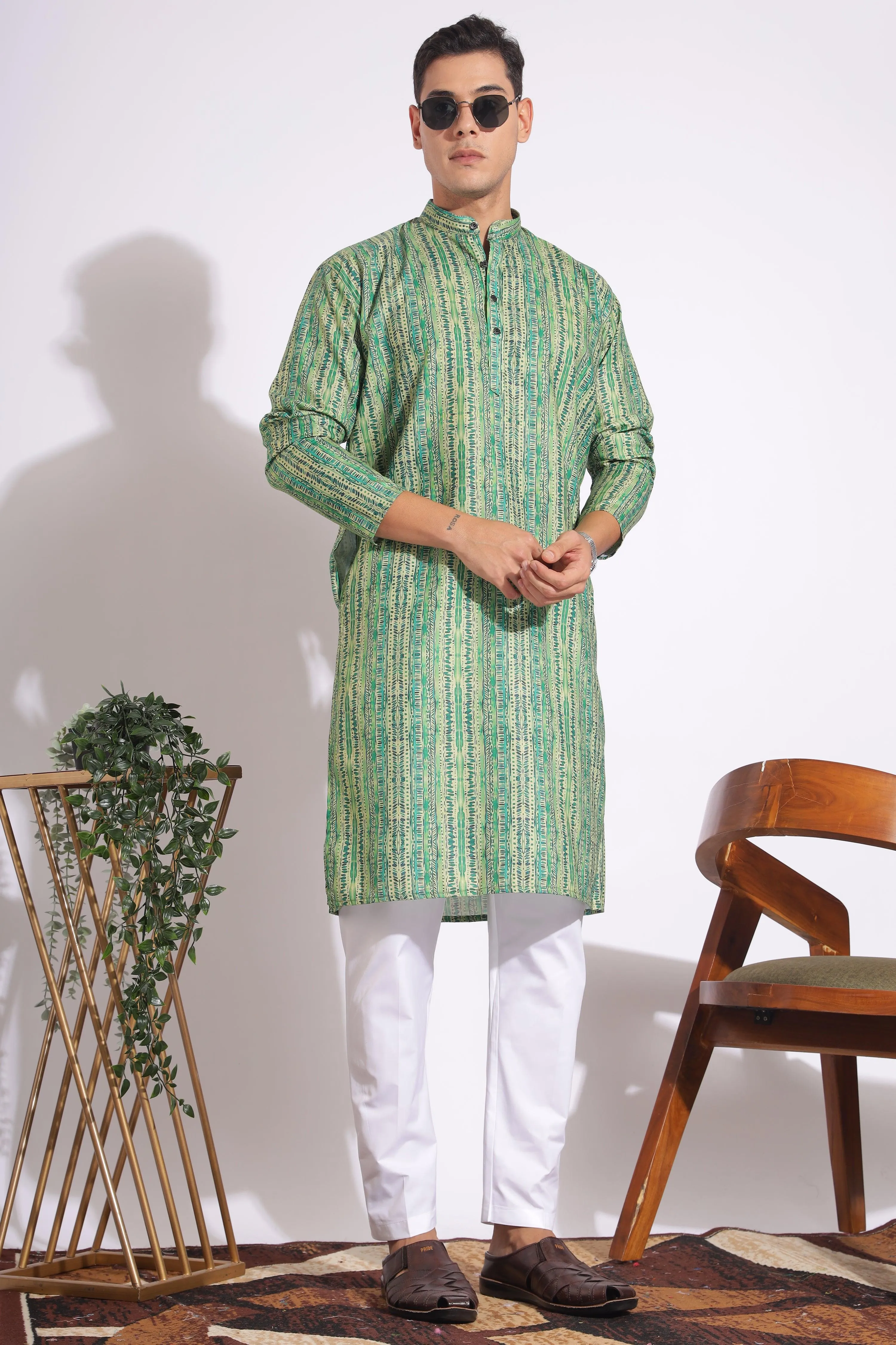 Standard Green Trending Design Print Cotton Kurta