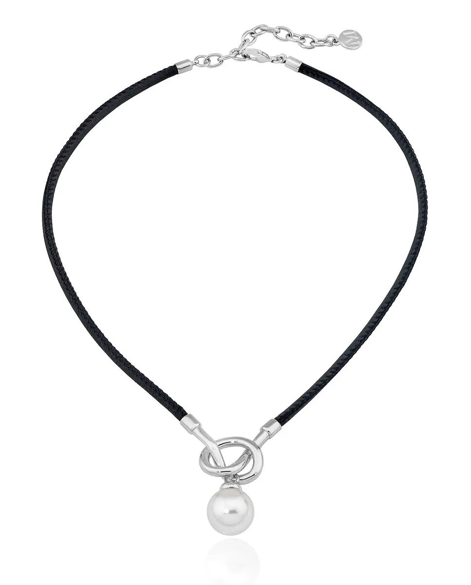 Sterling Silver Rhodium Plated Black Leather Choker Necklace for Women with White Round Pearl, 14mm Pearl, 14.5"/16.5" Chain Length, Sicilia Collection