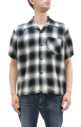 Sugar Cane Rayon Ombre Plaid Shirt Men's Oversized Fit Resort Collar Short Sleeve Casual Button Up Shirt SC39297 105 Off-White/Black