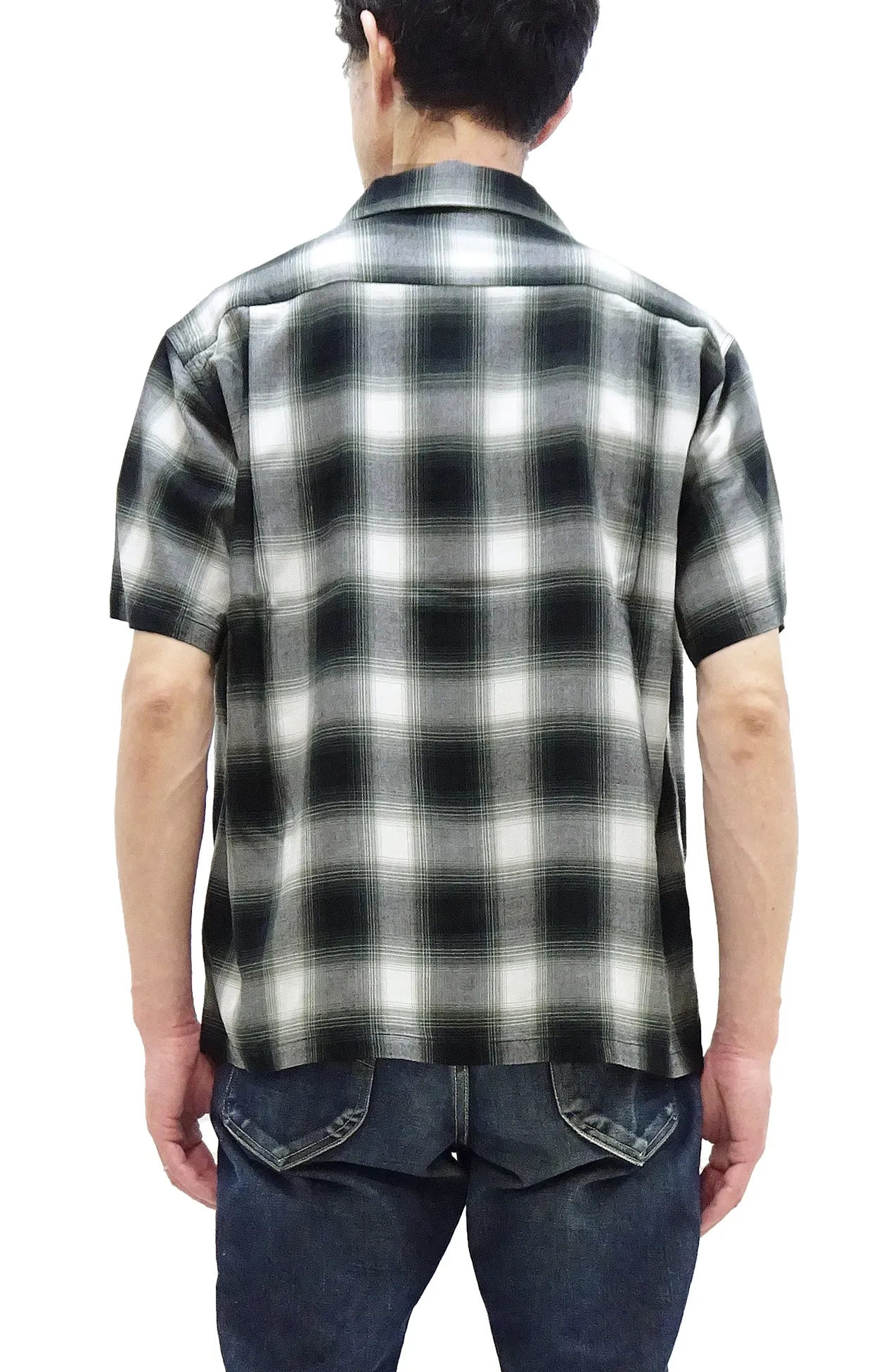 Sugar Cane Rayon Ombre Plaid Shirt Men's Oversized Fit Resort Collar Short Sleeve Casual Button Up Shirt SC39297 105 Off-White/Black