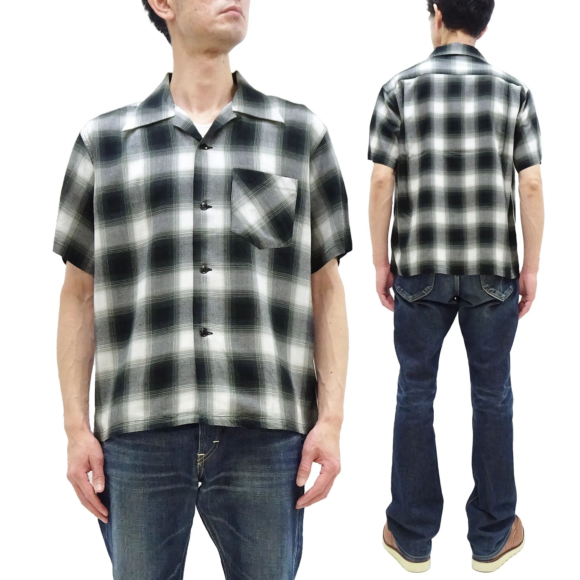 Sugar Cane Rayon Ombre Plaid Shirt Men's Oversized Fit Resort Collar Short Sleeve Casual Button Up Shirt SC39297 105 Off-White/Black