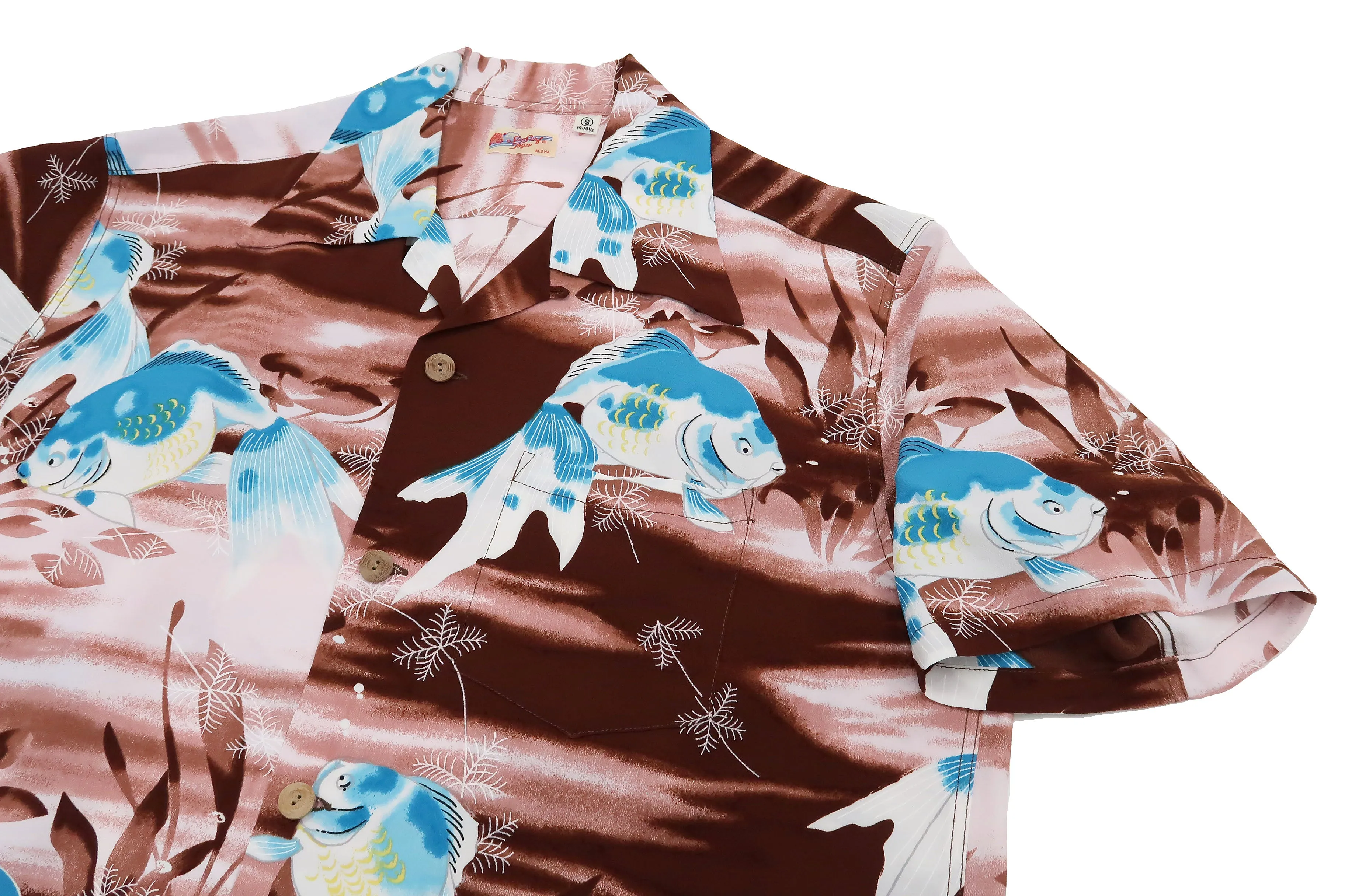 Sun Surf Hawaiian Shirt Kilohana Goldfish Men's Short Sleeve Rayon Crepe Aloha Shirt SS38802 138 Brown