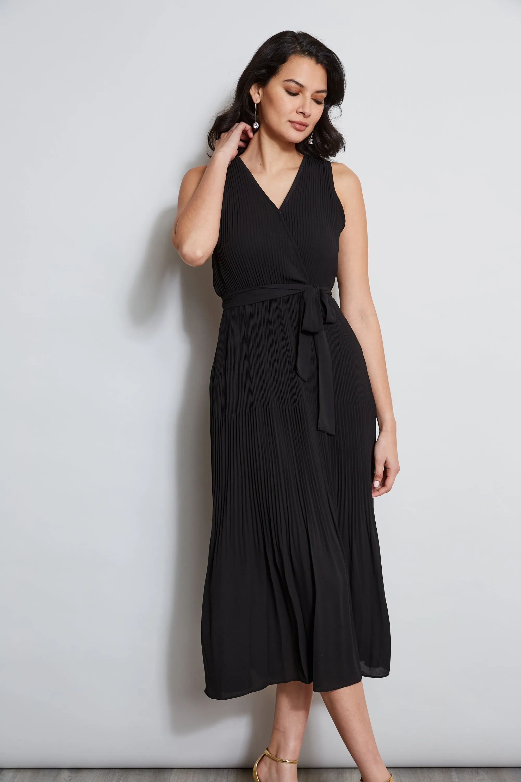 T-Tahari Pleated Faux Wrap Midi Dress