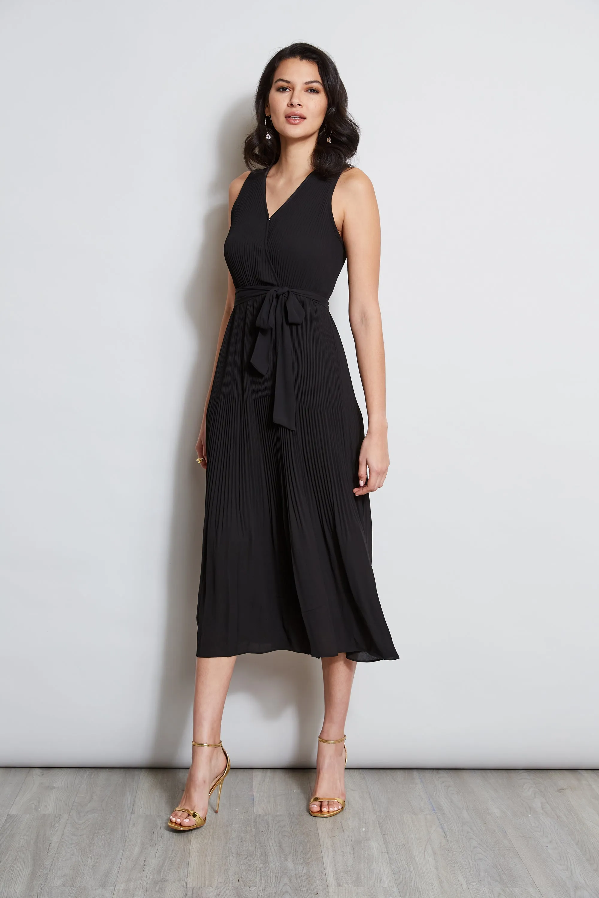 T-Tahari Pleated Faux Wrap Midi Dress