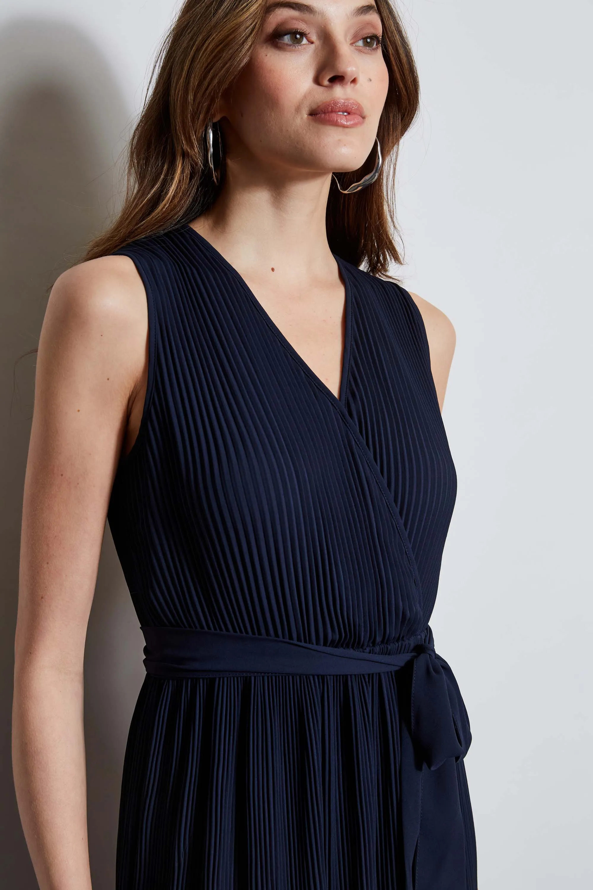 T-Tahari Pleated Faux Wrap Midi Dress