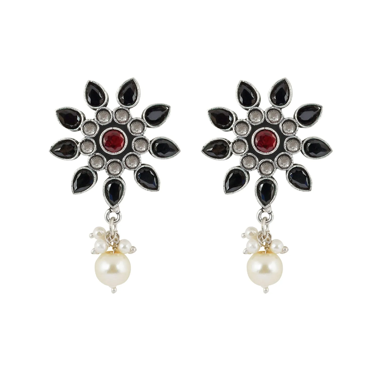 Teejh Eesha Black and Maroon Silver Oxidised Earring