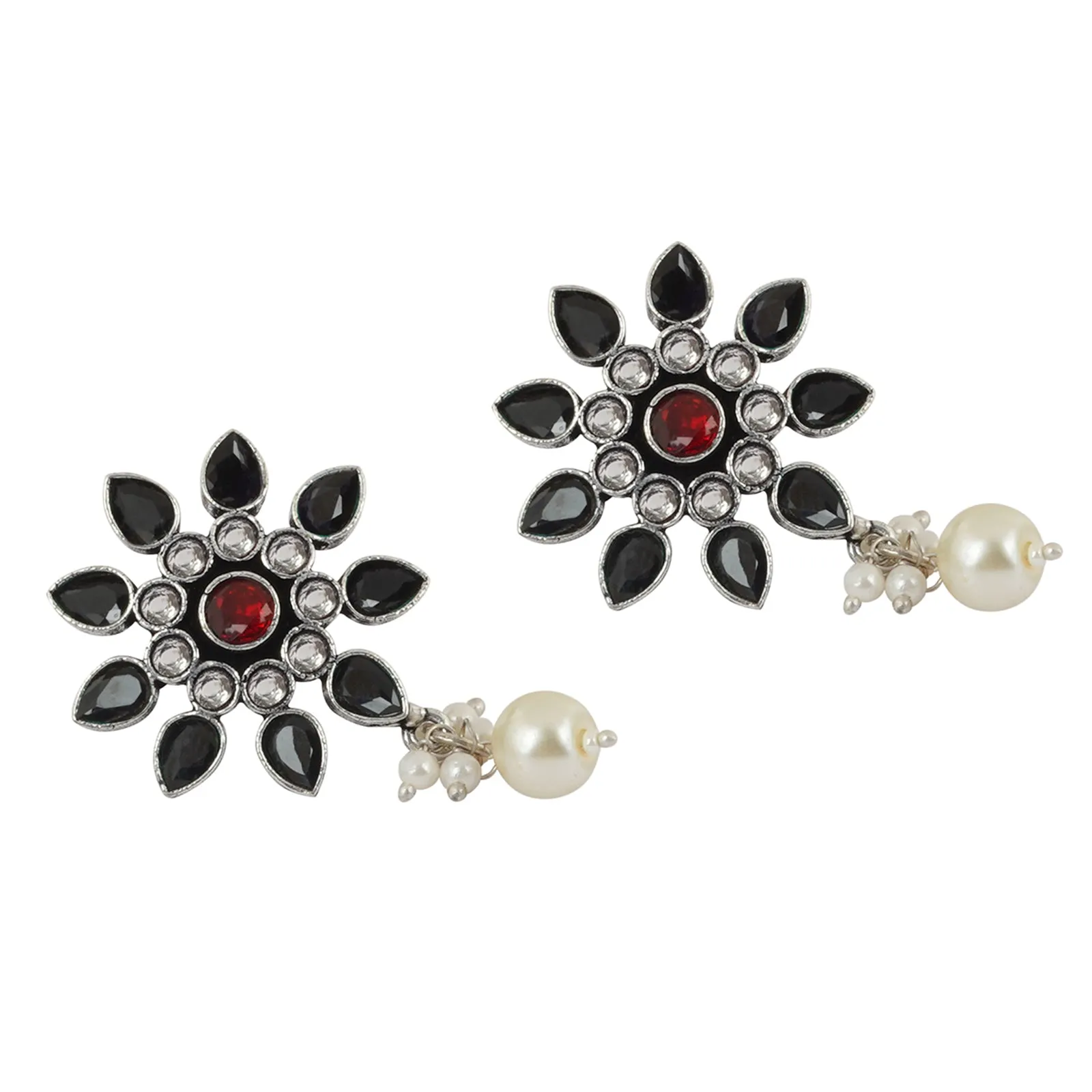 Teejh Eesha Black and Maroon Silver Oxidised Earring