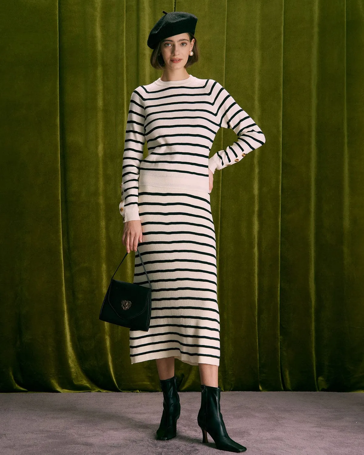 The Beige Elastic Waist Striped Knit Midi Skirt