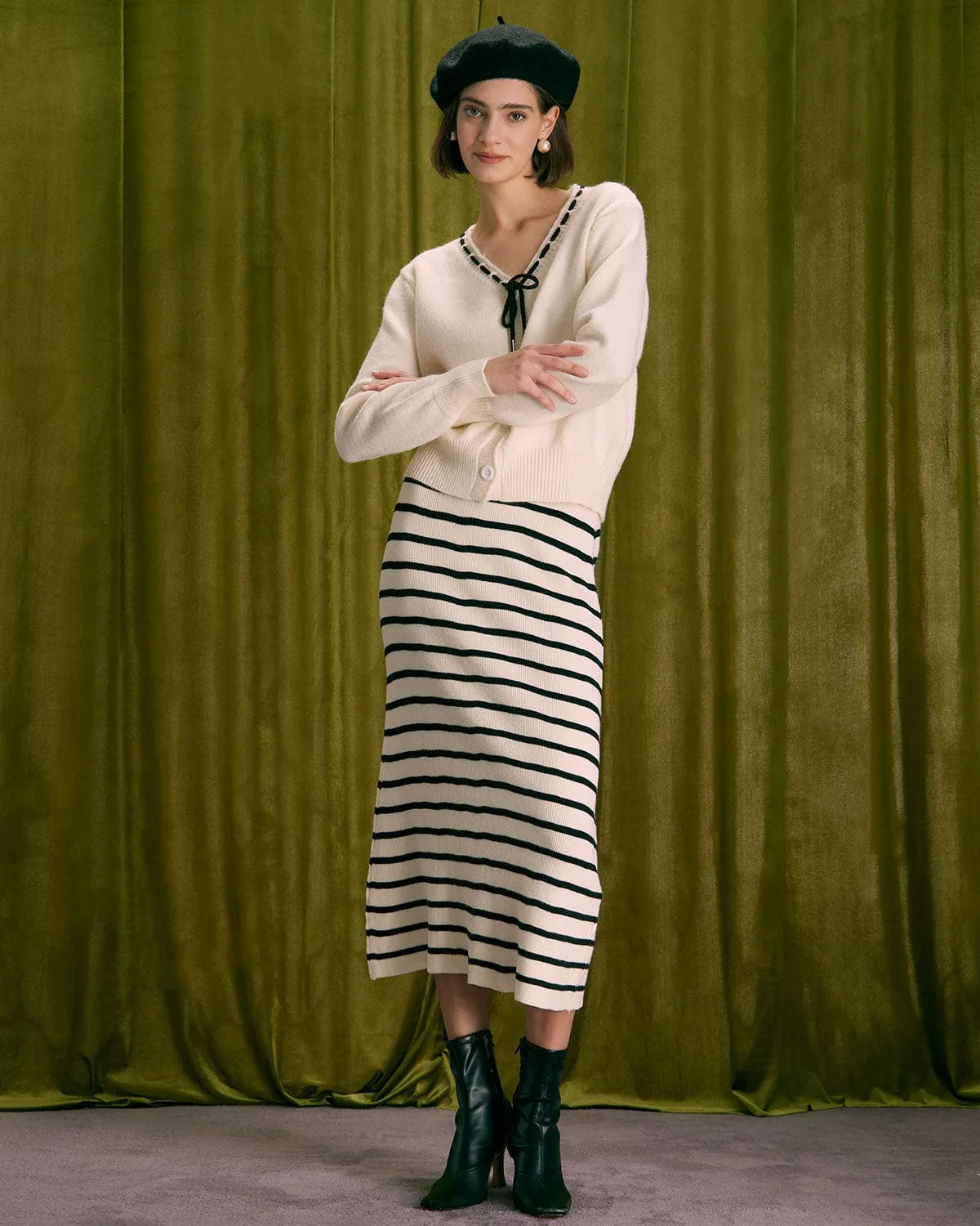 The Beige Elastic Waist Striped Knit Midi Skirt