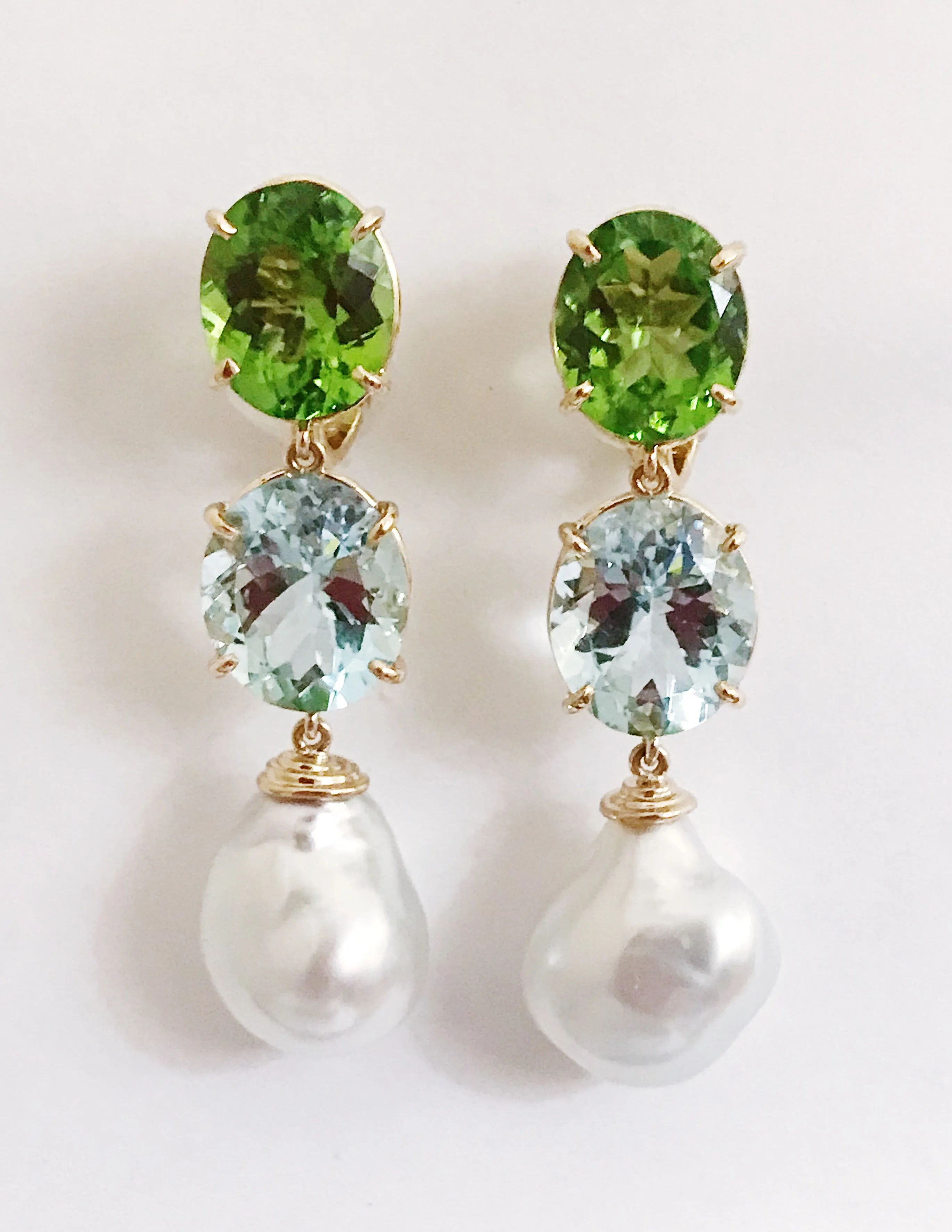 Three-Stone Drop Earring with Peridot Aquamarine South Sea Pearl