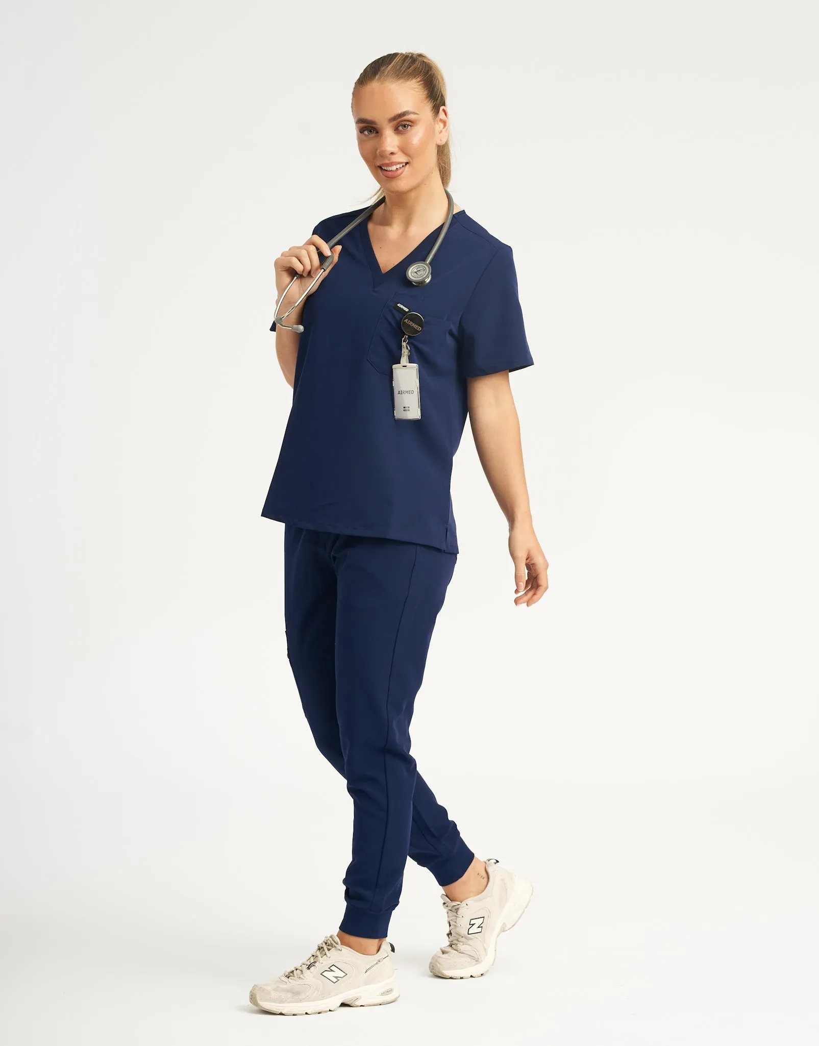 True Navy One Pocket V Neck and Scrub Jogger Set