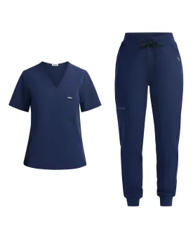 True Navy One Pocket V Neck and Scrub Jogger Set