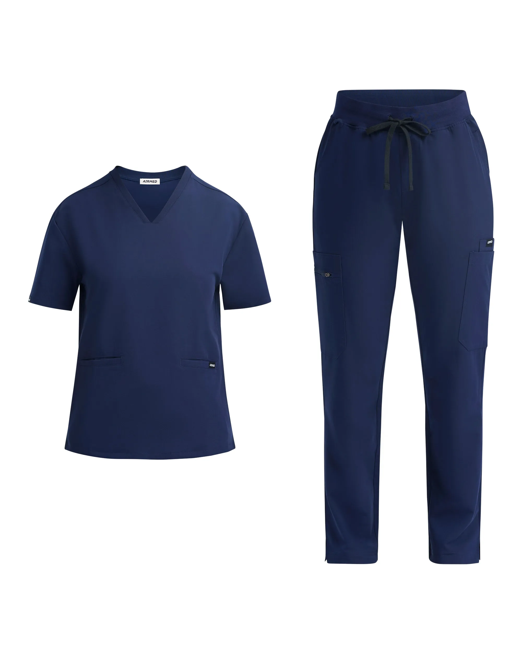 True Navy V Neck and Multi Pocket Scrub Pants Set