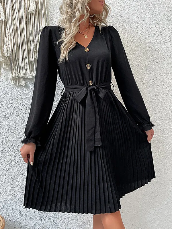 Women’s A-Line Pleated Dress With Front Button Detail And Long Cuffed Sleeves