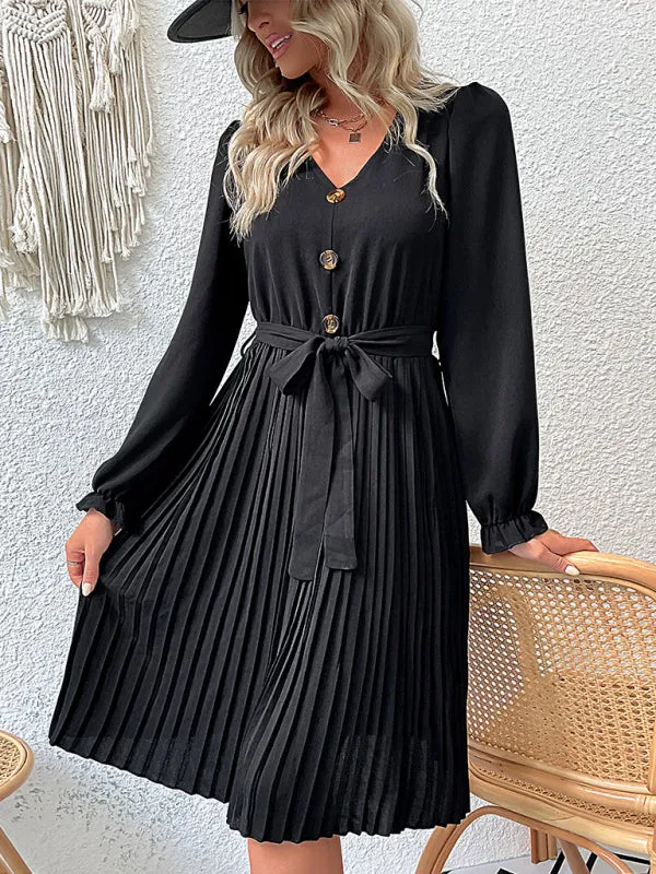 Women’s A-Line Pleated Dress With Front Button Detail And Long Cuffed Sleeves