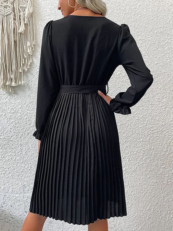 Women’s A-Line Pleated Dress With Front Button Detail And Long Cuffed Sleeves