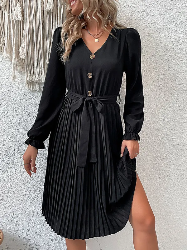 Women’s A-Line Pleated Dress With Front Button Detail And Long Cuffed Sleeves