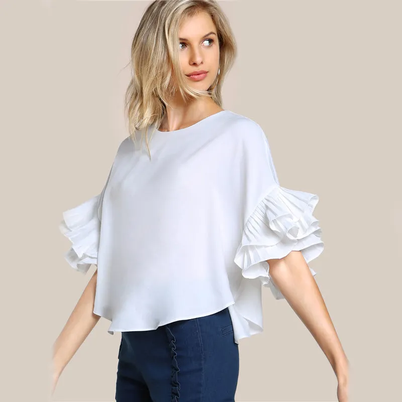 Women's Round Neck Double Layer Flared Sleeve Flowy Top