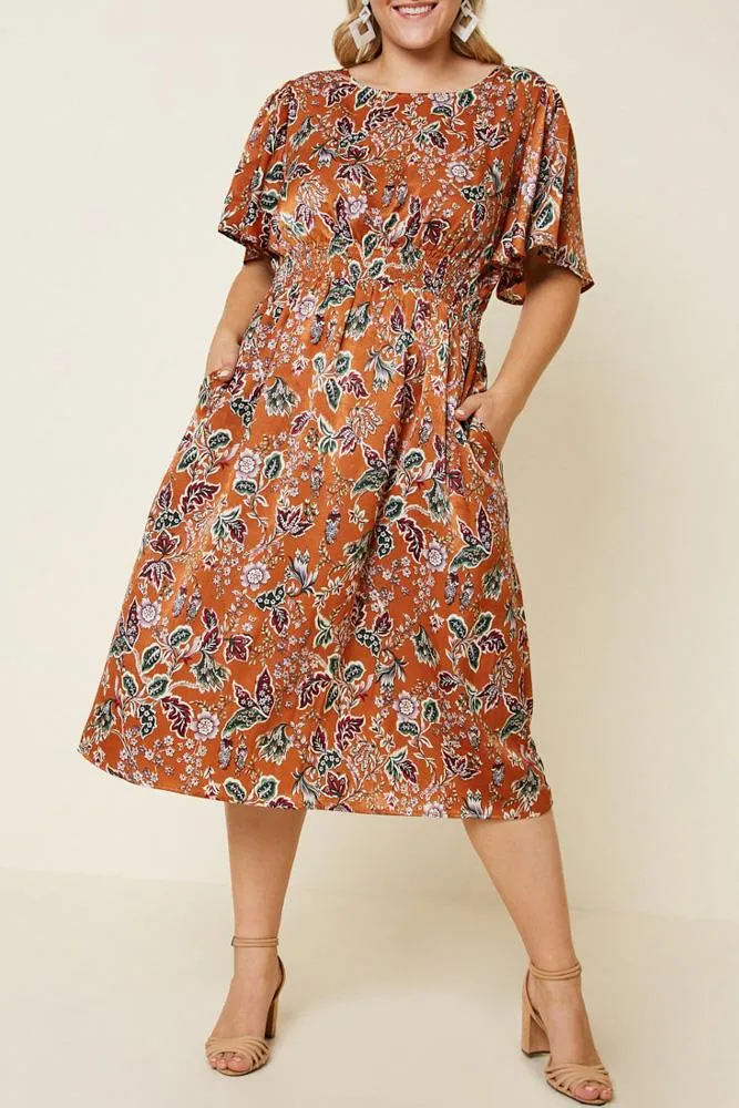 Woodstock Floral Satin Smock-Waist Midi Dress